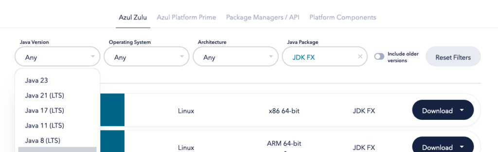 SCREENSHOT: You can download Long Term Support versions 8, 11, 17, and 21, and Short Term Support version 23 with JavaFX included.